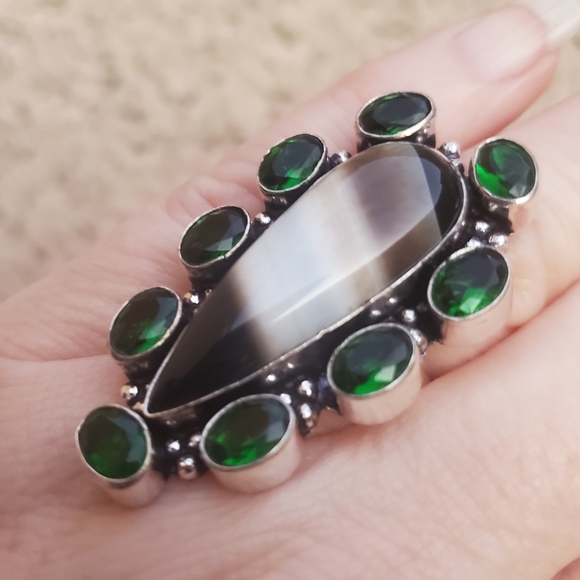 New Oversized Banded Agate & Peridot 925 Silver Statement Ring. - Picture 4 of 14